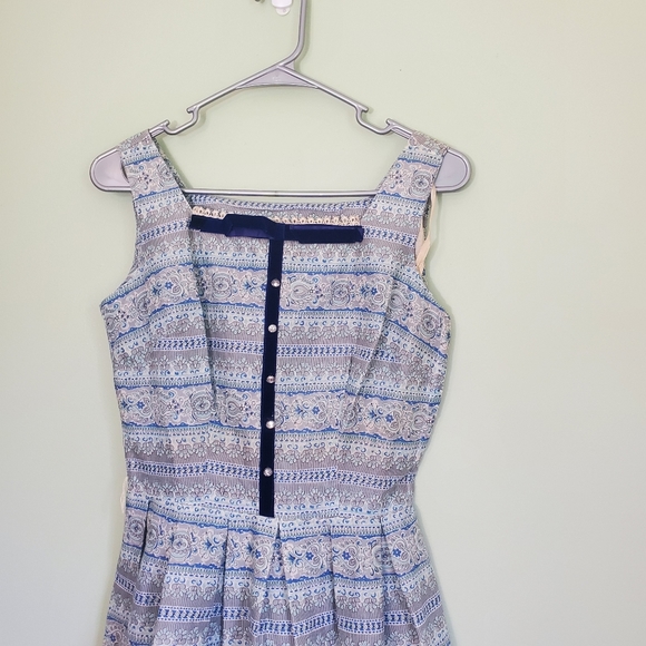 Vtg 1950s Blue Print Patterned Sun Dress Size XS Sock Hop Tea Length Rockabilly - Picture 3 of 15